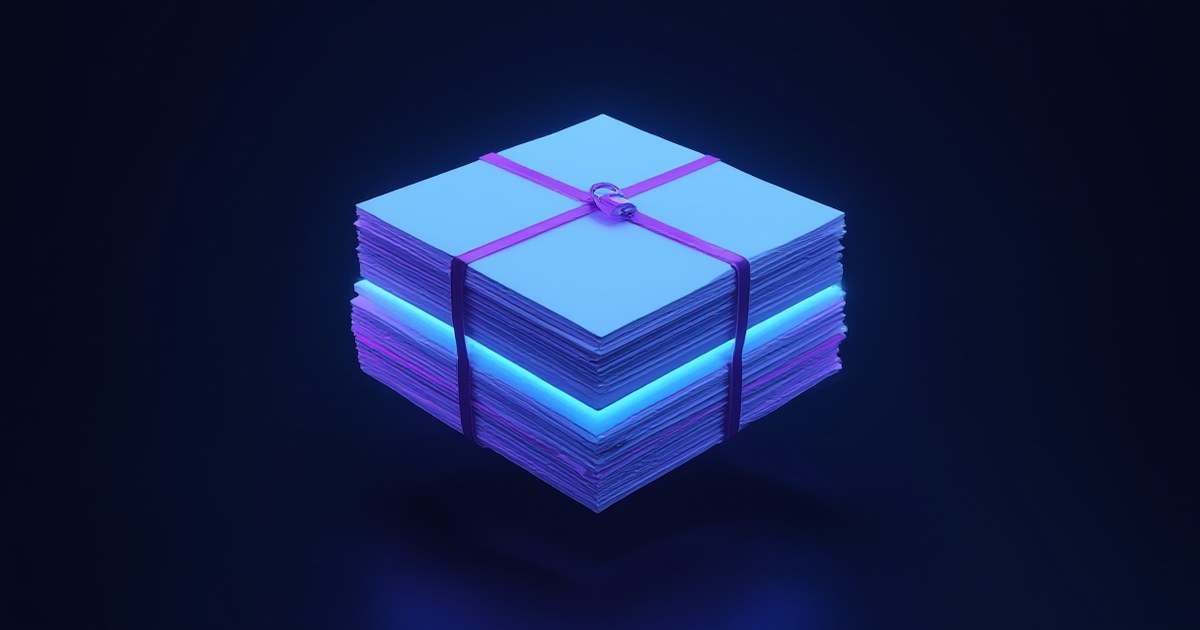 A thick stack of glowing blank sheets floating in a dark space, wrapped by a violet band with a small padlock