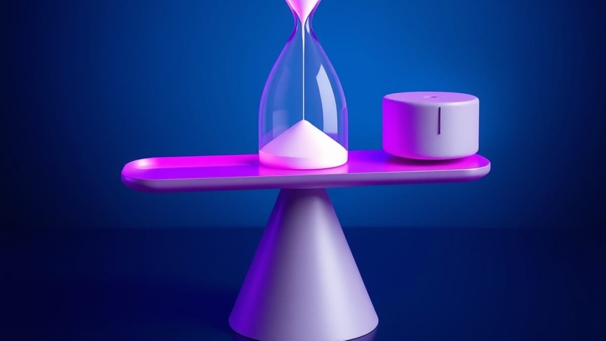 A scale where a leaking hourglass outweighs a calibrated metal weight.