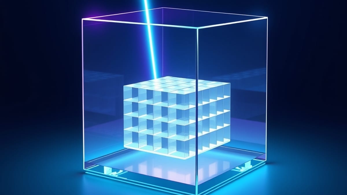 A layered glass cube with a glowing core that scatters incoming light.