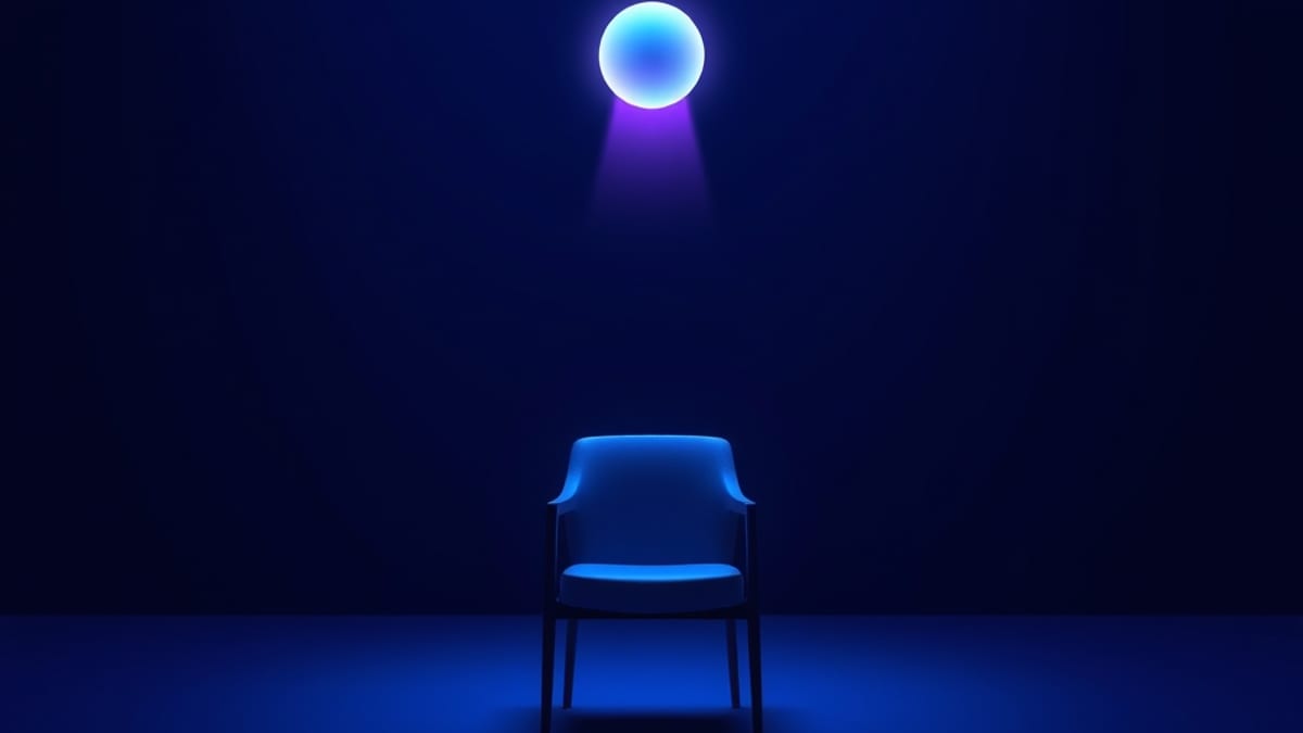 An empty chair in a dim room faces a small glowing orb casting a beam of light onto the seat.
