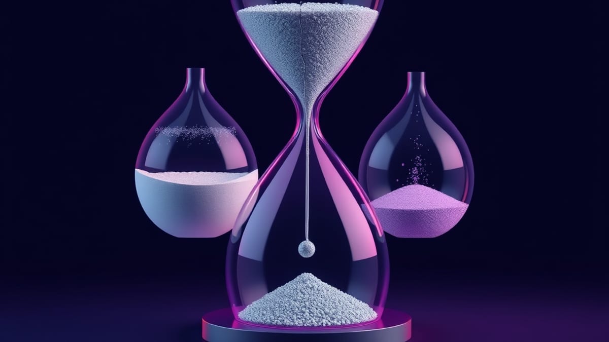 A cracked hourglass divided into four chambers holding sand, water, gravel and mist, only one draining.