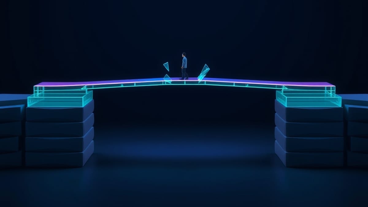 A glass bridge with cracked missing middle panels spans a gap while a small figure pauses at the edge.
