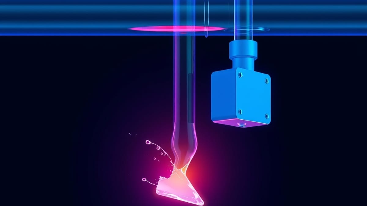 A glowing glass pipeline with one cracked segment bypassed by a sealed junction box, suspended over darkness.