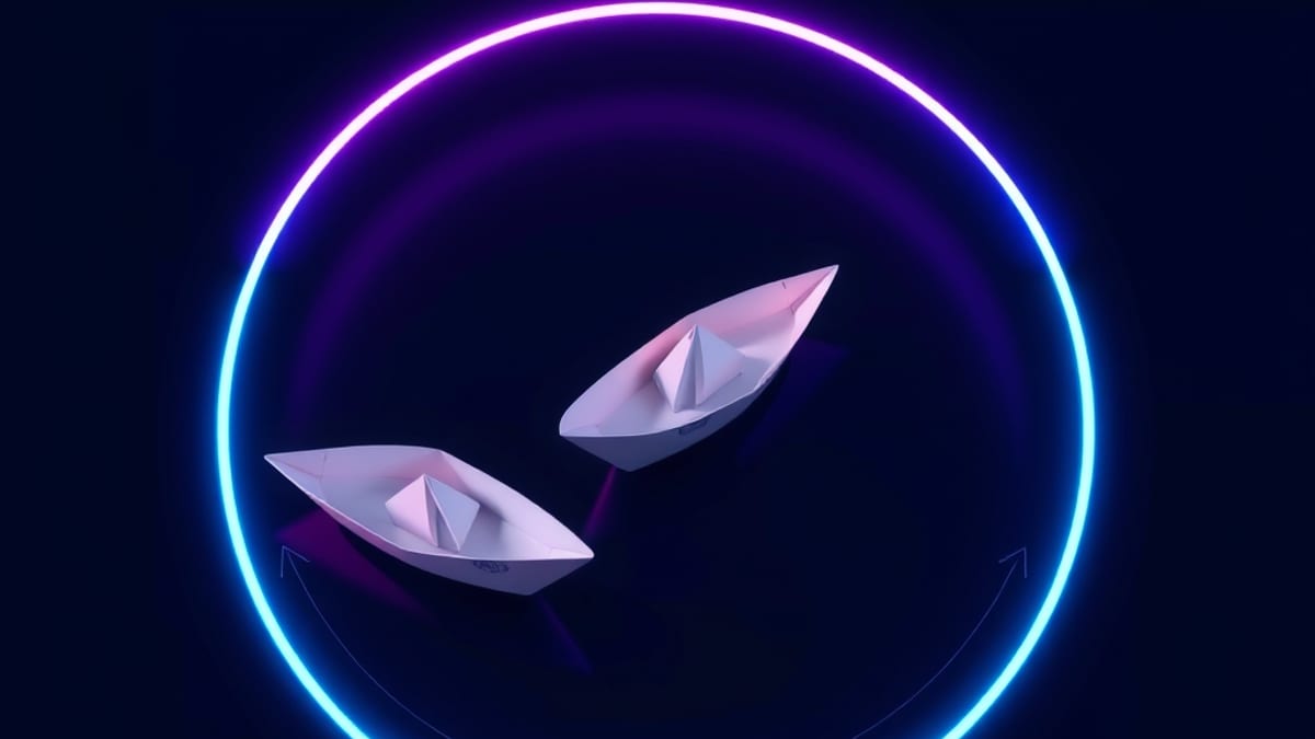 Two identical paper boats circling a looping river, one marked with a wax seal, arriving at the same dock.