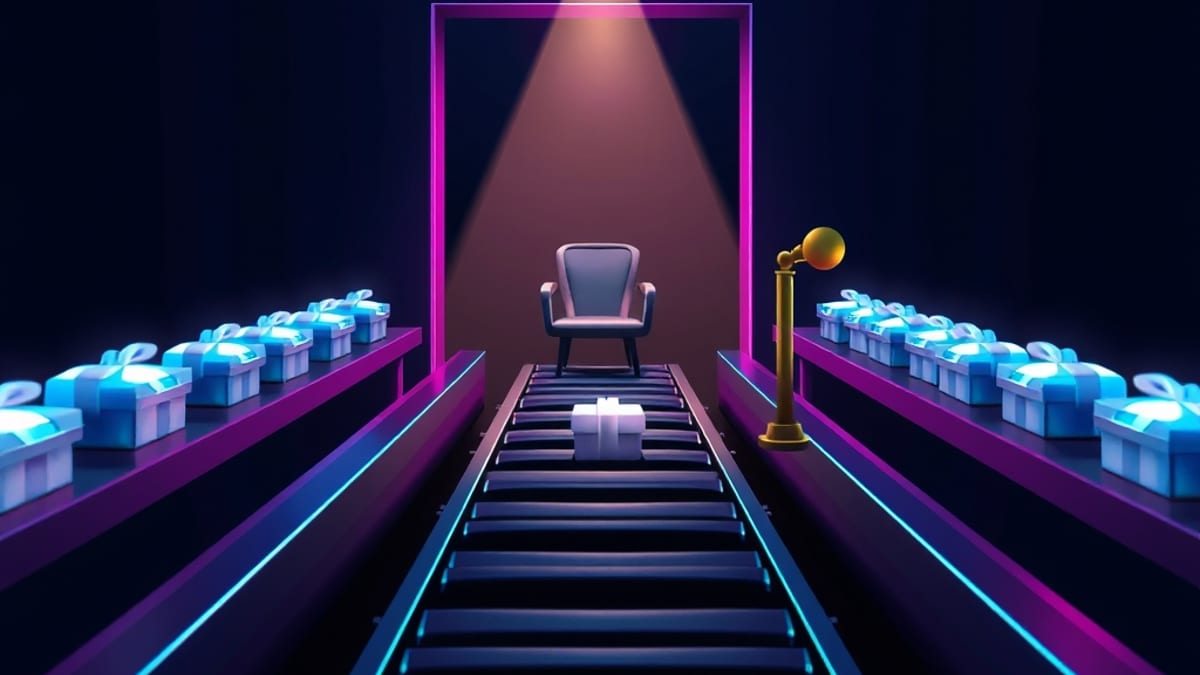 Glowing parcels on a conveyor, most passing a gate while one is halted under a spotlight beside an empty chair.