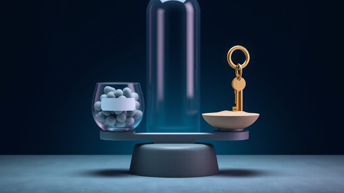 A glass balance scale weighing many grey pebbles against one brass key on a concrete surface.