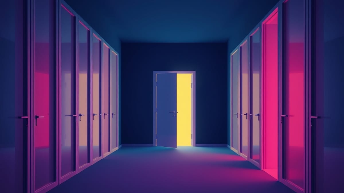 A corridor of frosted glass doors, one open onto a narrow room, footprints leading only there.