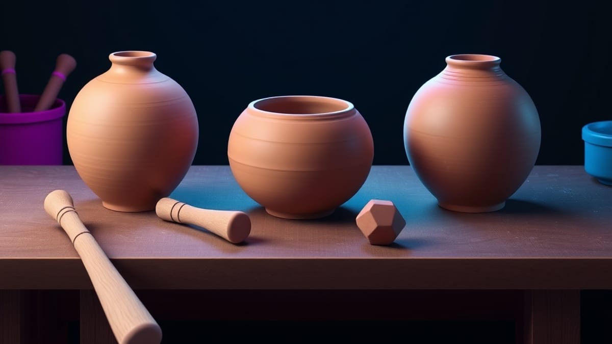 Three clay vessels at different stages of completion, each paired with a differently sized wooden mallet.