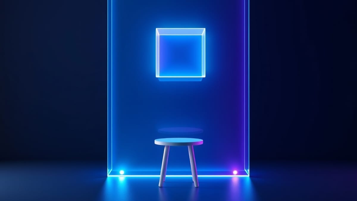 A glass wall with three descending steps leading toward a glowing cube of light, with an empty stool at the bottom.