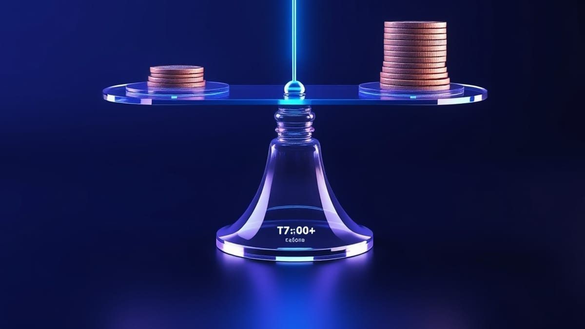 A glass balance scale weighing one coin against a tall stack of coins, connected by a glowing thread to a sphere.