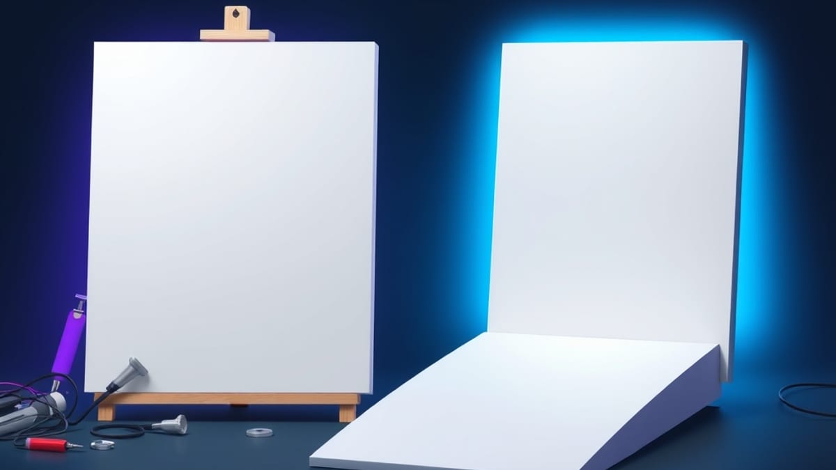 Two blank canvases side by side, one cluttered with tools and wires, the other reached by a smooth ramp under a spotlight.