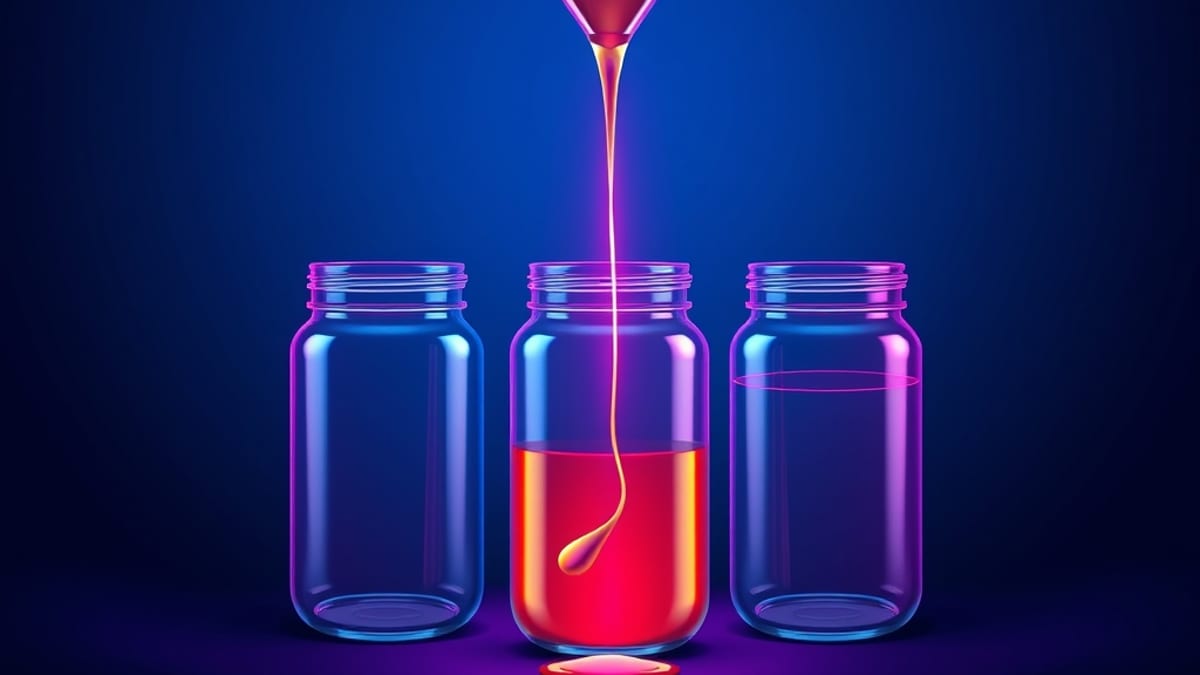 A glass funnel pours one glowing thread into three jars of different colored liquid; one jar overflows onto the floor.