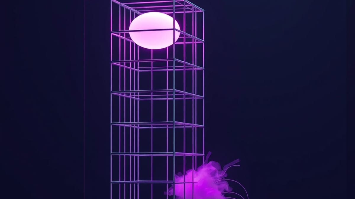 A glowing shape is pressed into a rigid grid of steel cages, while loose threads drift beside it with no container.