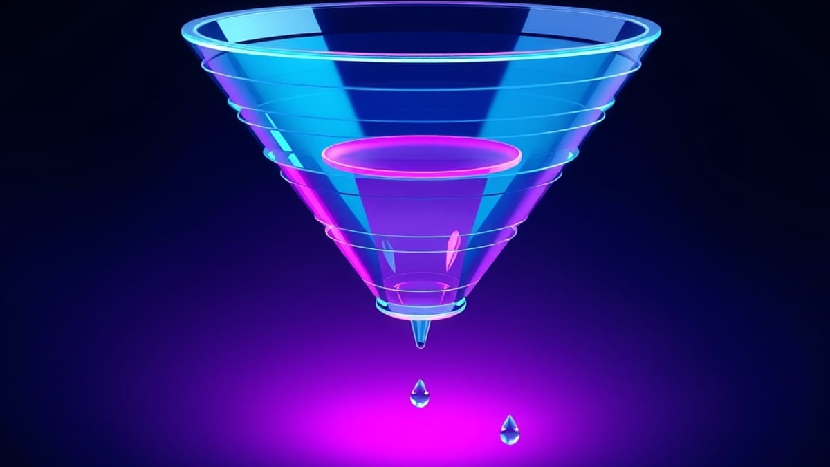 A layered glass funnel splitting into two spouts, one releasing a bright stream and the other a murky trickle.