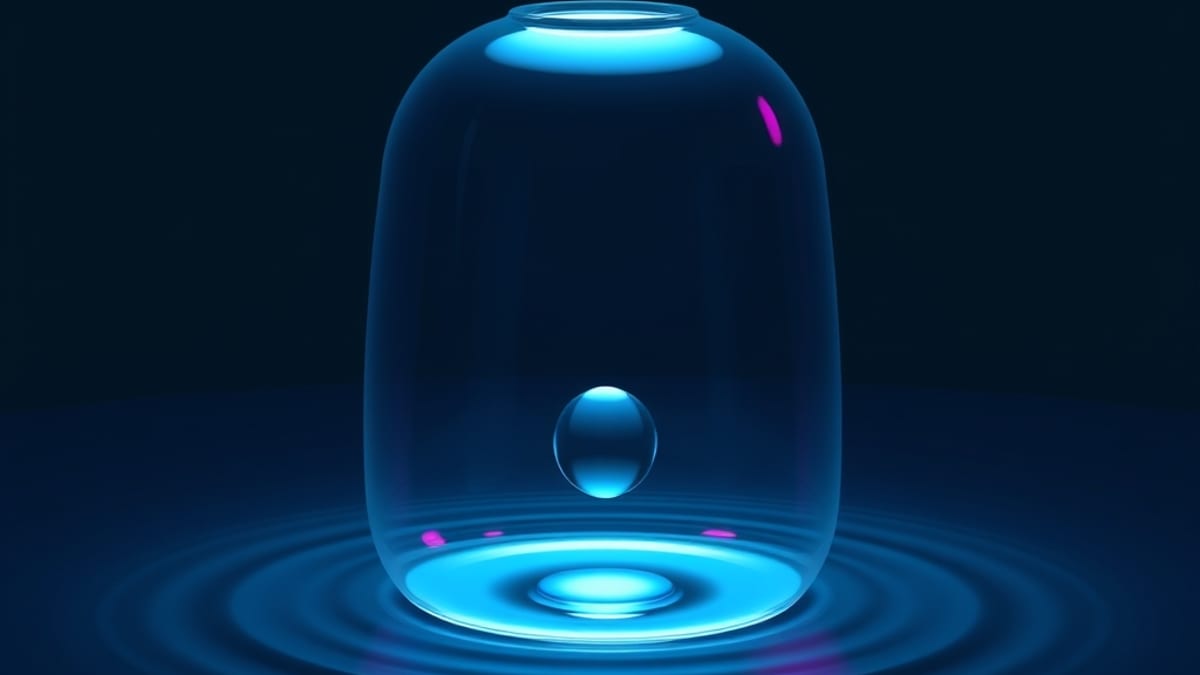 A glass jar hovering over a pond holding one clear blue droplet, while grey ripples spread below.