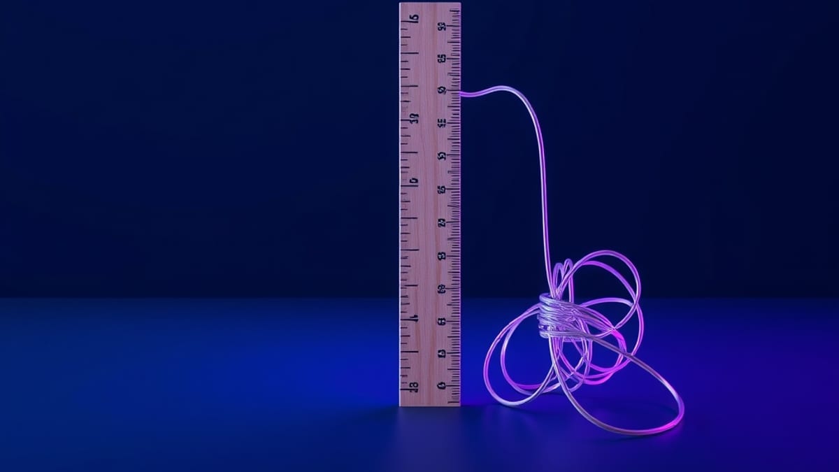 A blank wooden ruler beside a tangled wire being pulled straight into one clean strand.