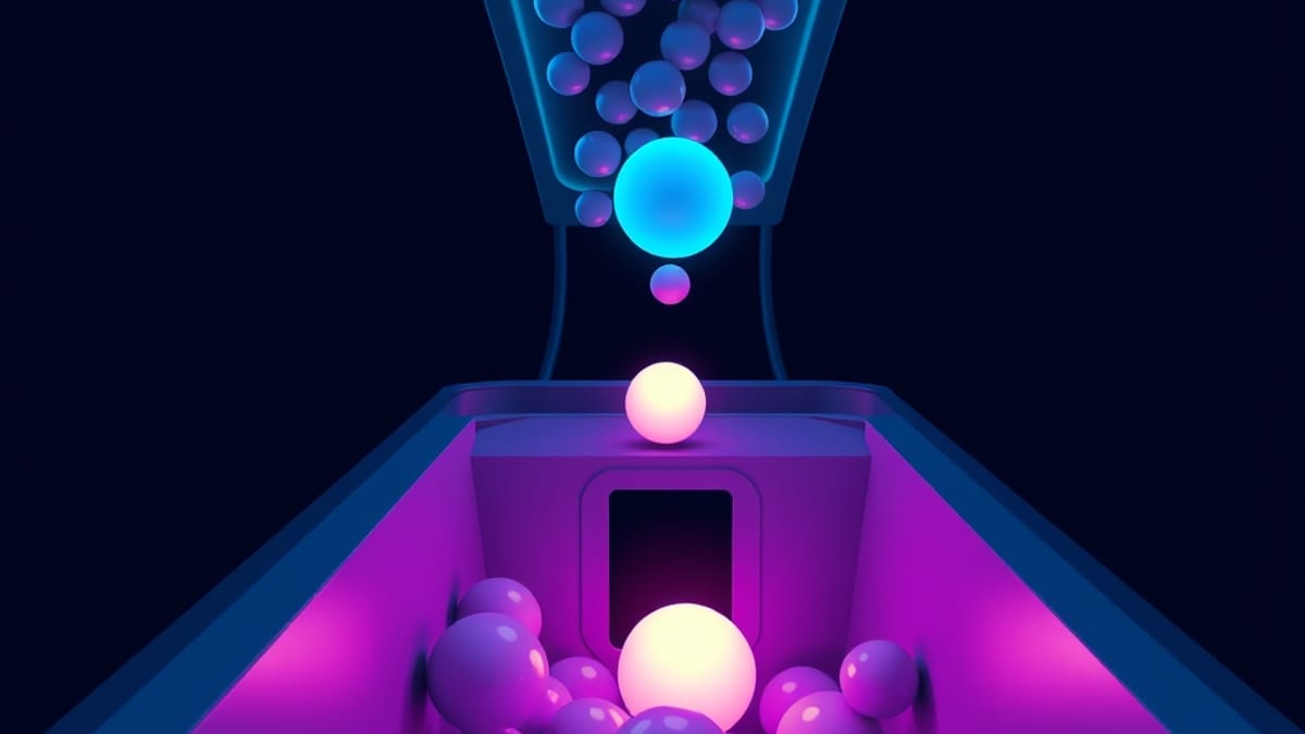 Glowing orbs on a dark conveyor; most fall through a wide sieve into a grey bin while a few pass a narrow gate into a lit cha