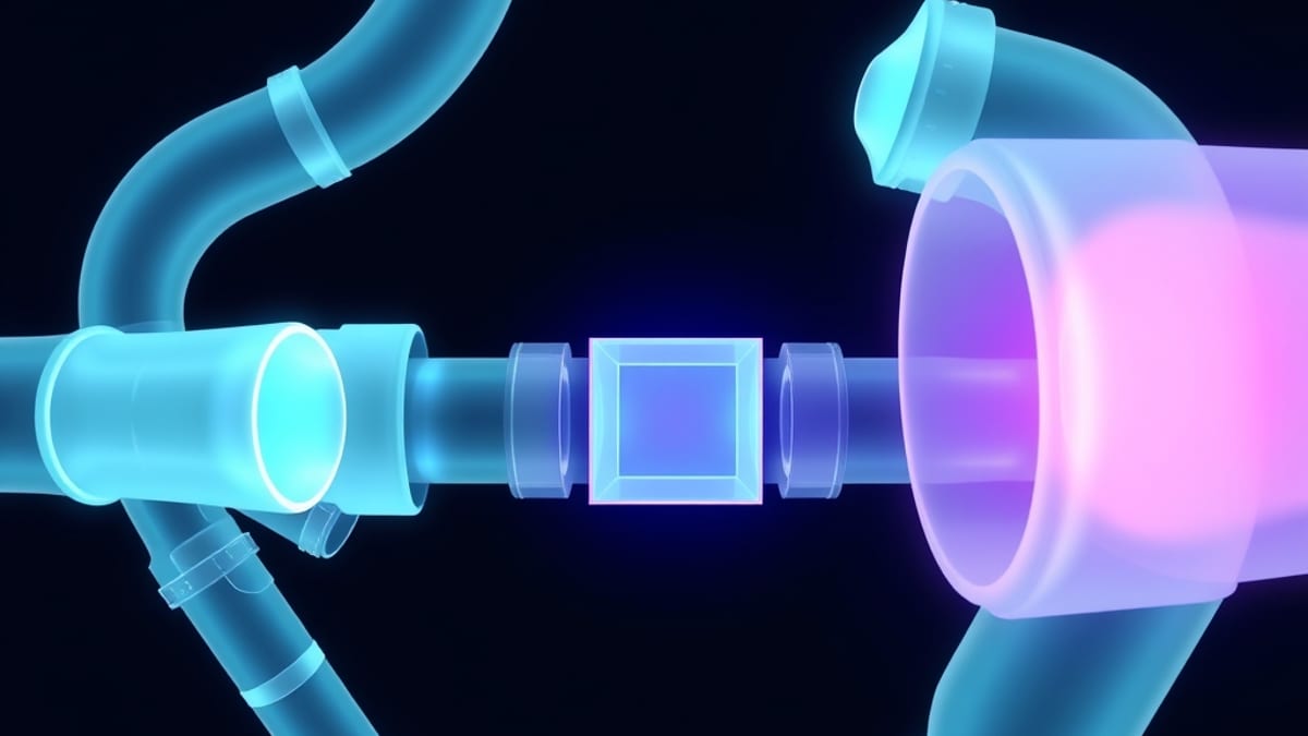 A branching pipe splitting into many sealed dead-end tubes while one wider pipe leads to a lit chamber with a turning translu