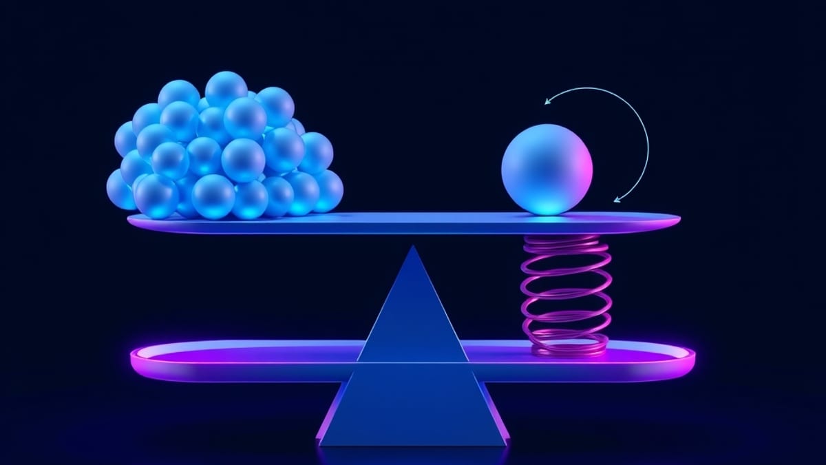 An abstract balance scale with many small glowing spheres on one pan and one large sphere on a spring on the other.