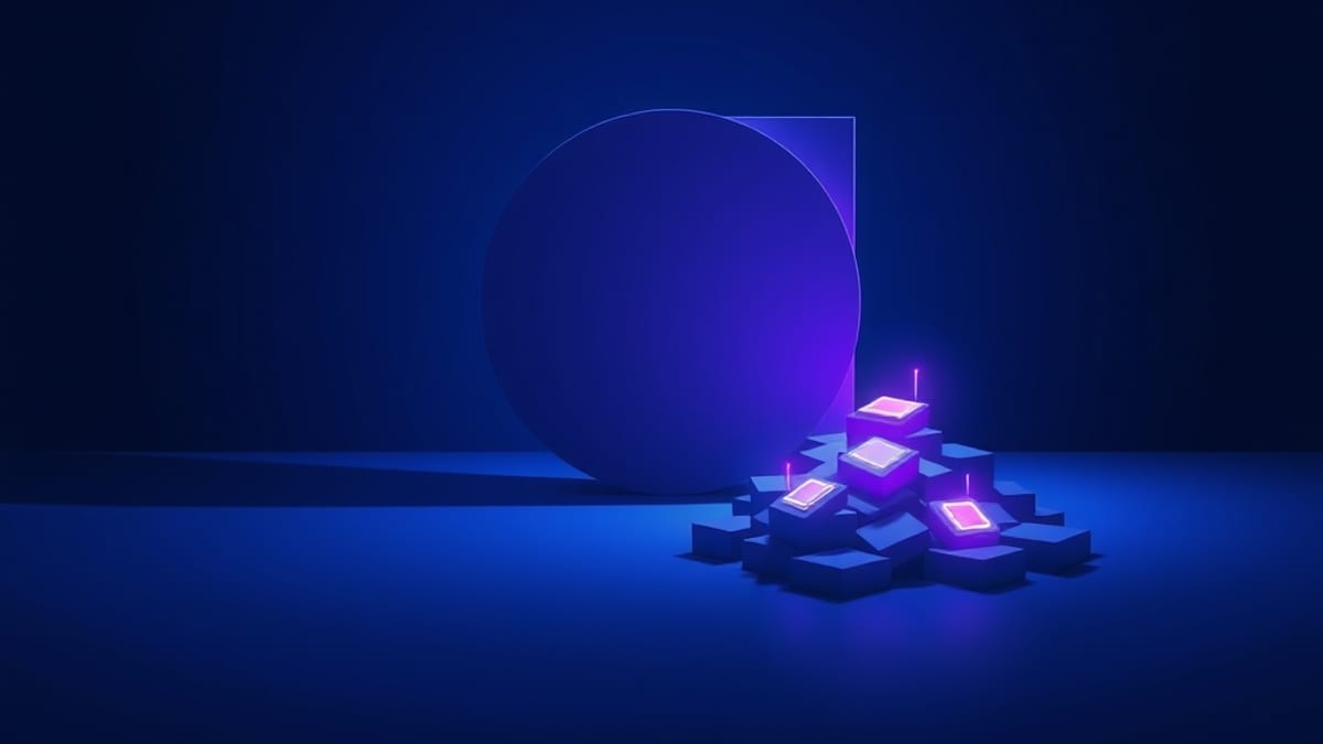 One huge glowing silicon slab casting a long shadow while smaller differently colored chip blocks rise around its edge