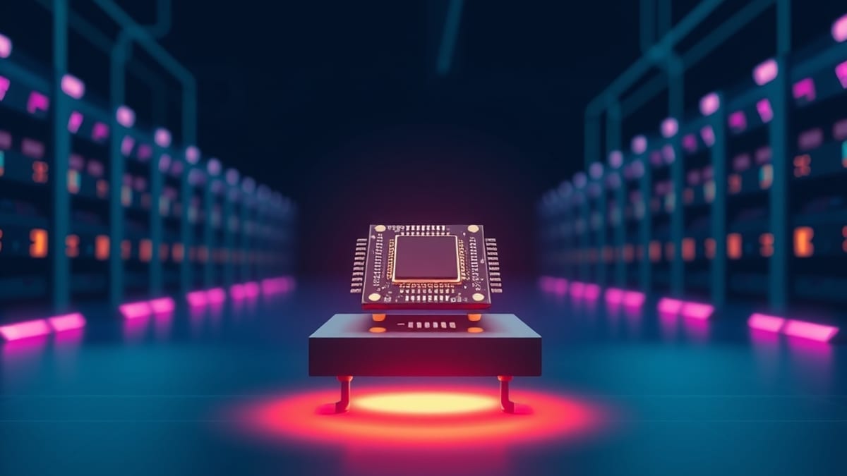 A small glowing chip computing alone on a device at the edge of a network, distant servers blurred and dim behind it