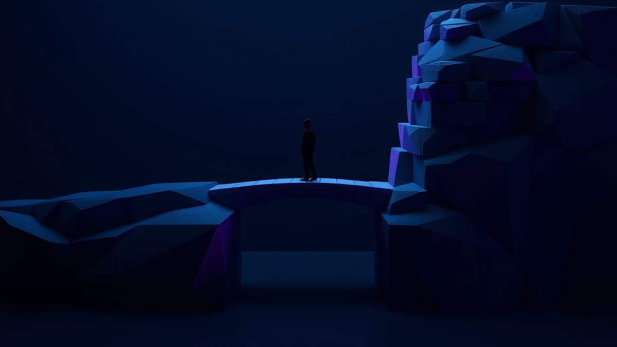 A narrow path of stepping stones crosses a gap toward a solid cliff of stacked blocks under soft light.