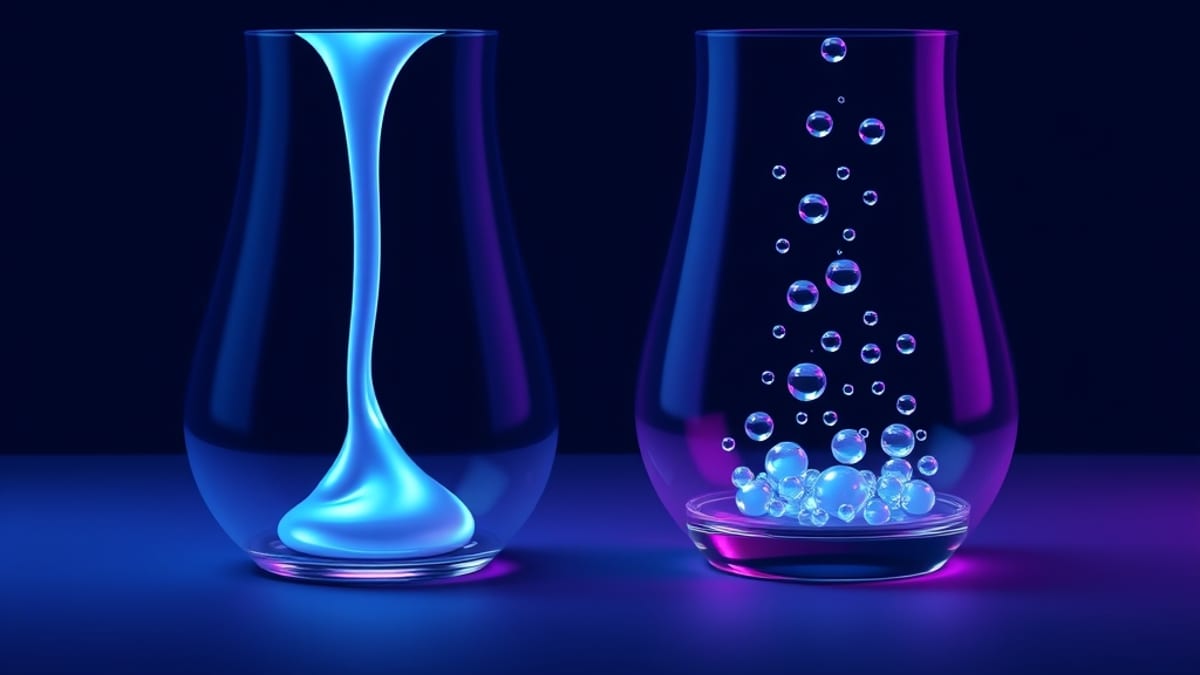 Two glass vessels, one overflowing smoothly and one catching scattered droplets into a rising column.