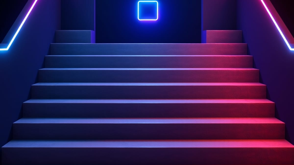 A staircase with a missing middle section and a small glowing cube floating above the gap.