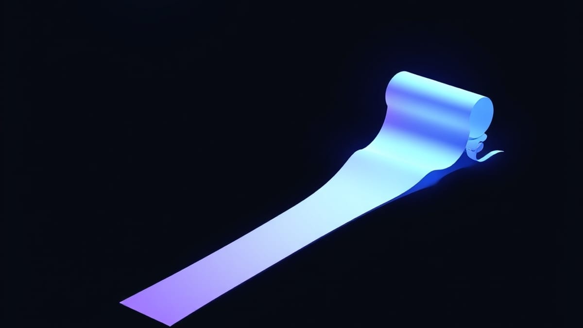 A long paper ribbon glowing clean at one end and tangled at the other, with a scanning lens hovering over only the clean part