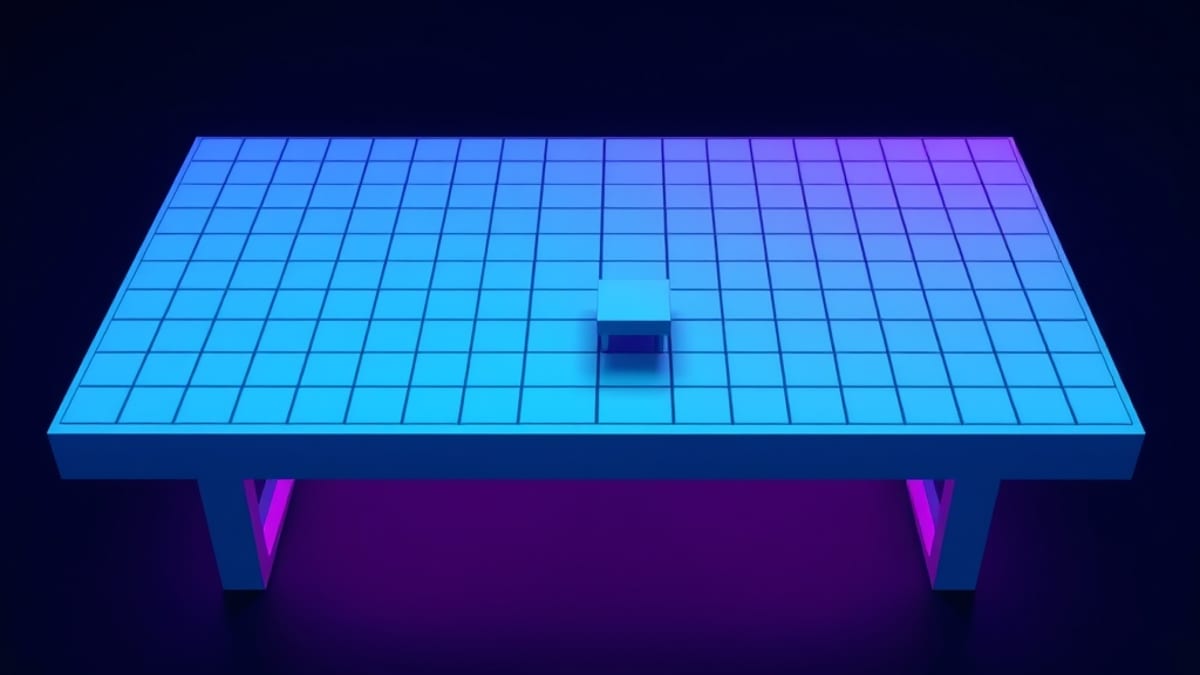 Overhead view of a grid of tiles that stays tidy at the bottom but drifts out of alignment higher up, with one rotated tile a