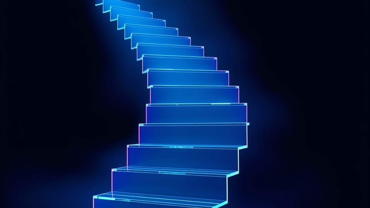 A staircase of clear glass panels rising through fog, each flawless alone while the whole flight bends away from a straight r
