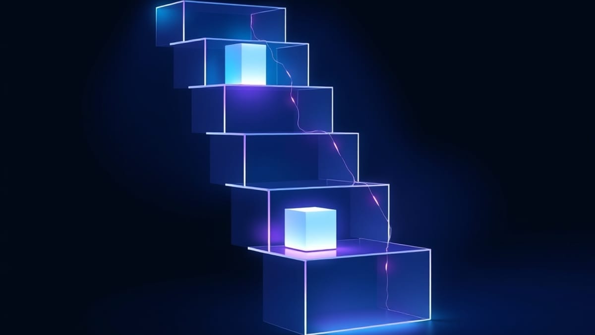 A glass staircase in fog, each step holding a glowing cube, one cracked step reconnected by a thin thread of light.