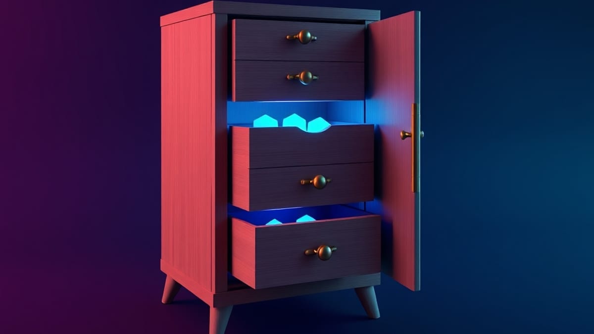 A wooden cabinet with four open drawers of glowing shapes, a brass rail alongside with a handle marking each drawer.