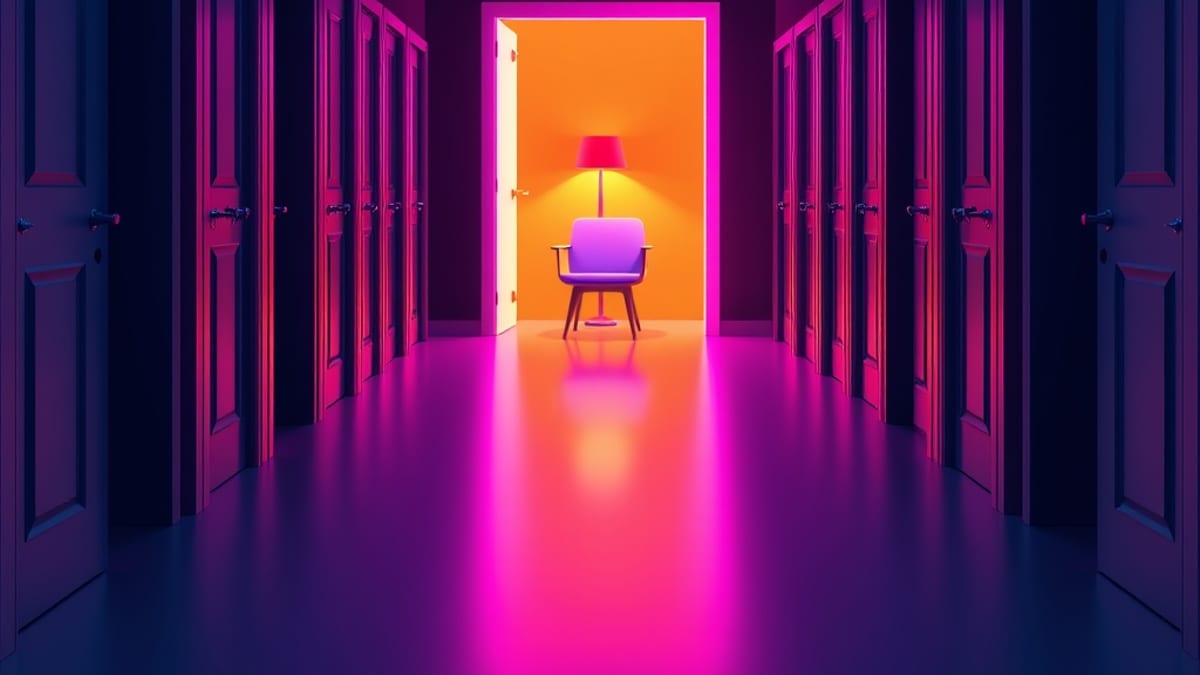 A hallway of identical closed doors with one open doorway revealing a lit chair and lamp inside.