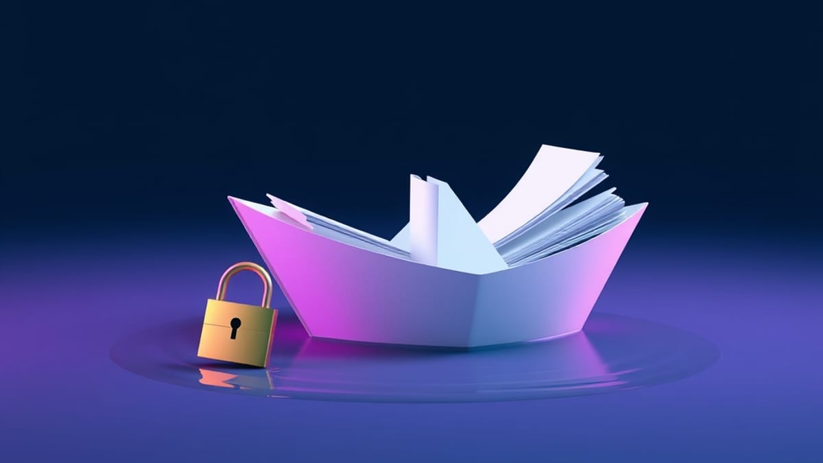 A tiny paper boat overloaded with stacked paperwork sinks in a shallow puddle next to a floating brass padlock.