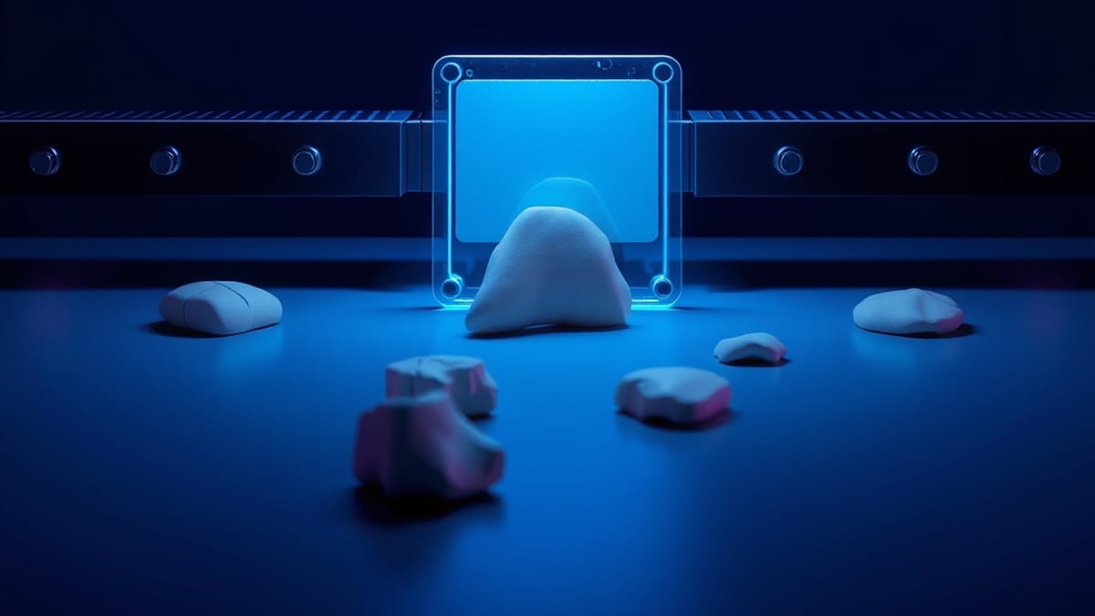 A glowing glass card feeds a conveyor belt that stamps uniform verdicts onto uneven clay shapes, cracking some.