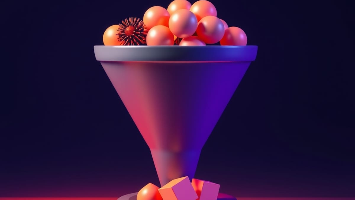A metal sorting funnel sends spiky balls forward fast while heavy quiet cubes sink and stall in a lower channel.