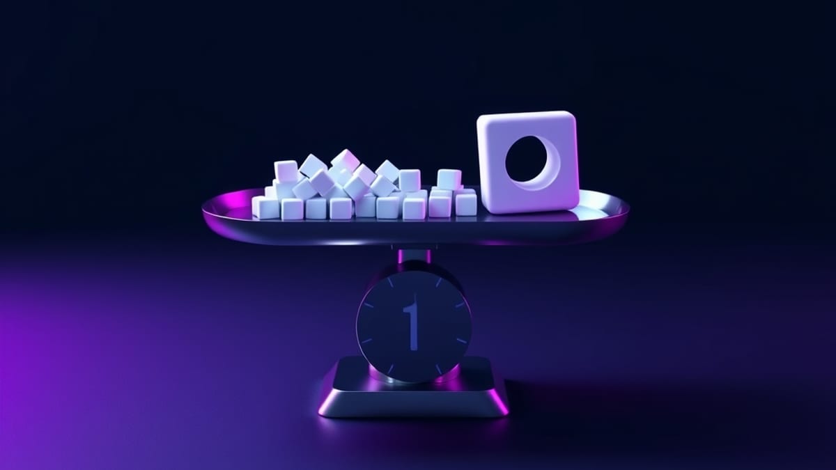 A balance scale tips toward a pan of many small identical weights over one large hollow cube.