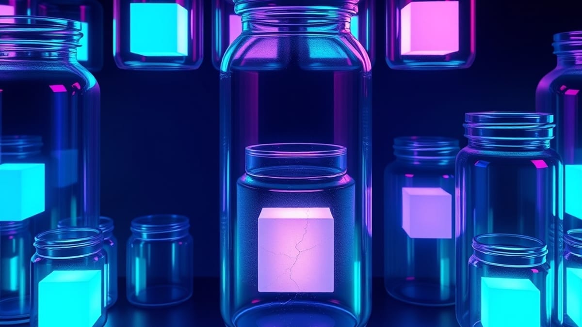 Glass jars hold glowing cubes on a shelf; two jars have dimmed, cracked cubes with frost spreading inside.