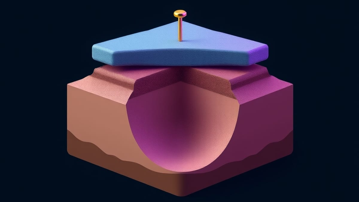 Cutaway of ground showing a stone slab over loose sand and a hollow void, with a brass pin driven through.