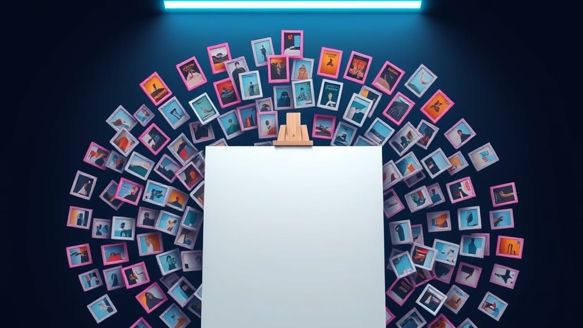 A blank canvas on an easel releasing a fan of many small colorful finished poster designs.