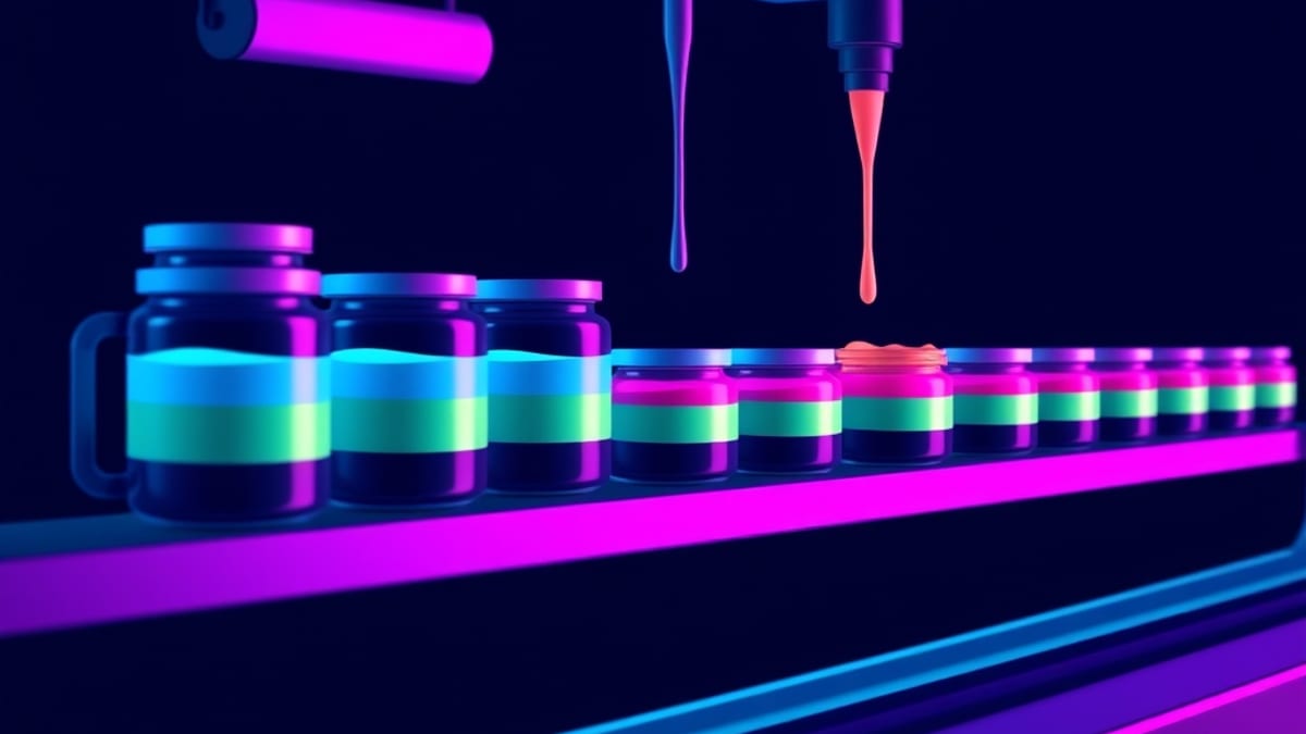 Identical glass jars on a conveyor being filled with the same layered colors at once.