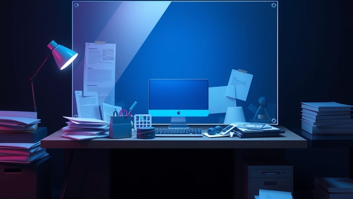 A translucent glass pane hovering above a cluttered desk, merging scattered papers and tools into one smooth stream of light.