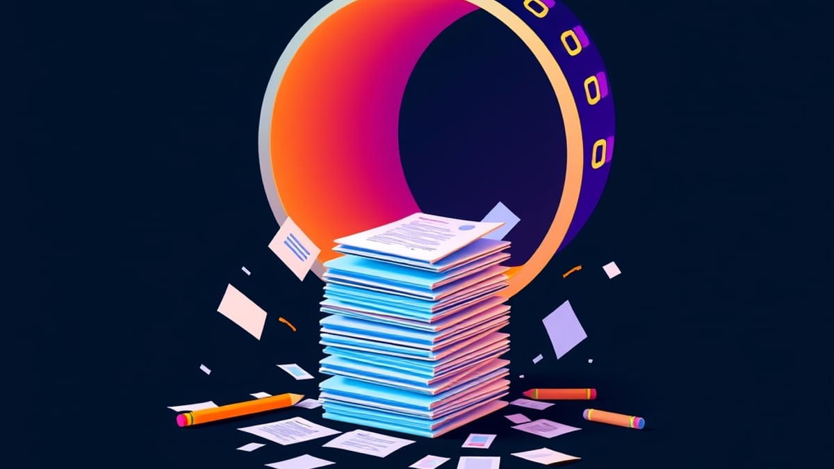 Flat vector tabs curving into a funnel that compresses scattered papers, pencil strokes and citation cards into one tidy stac
