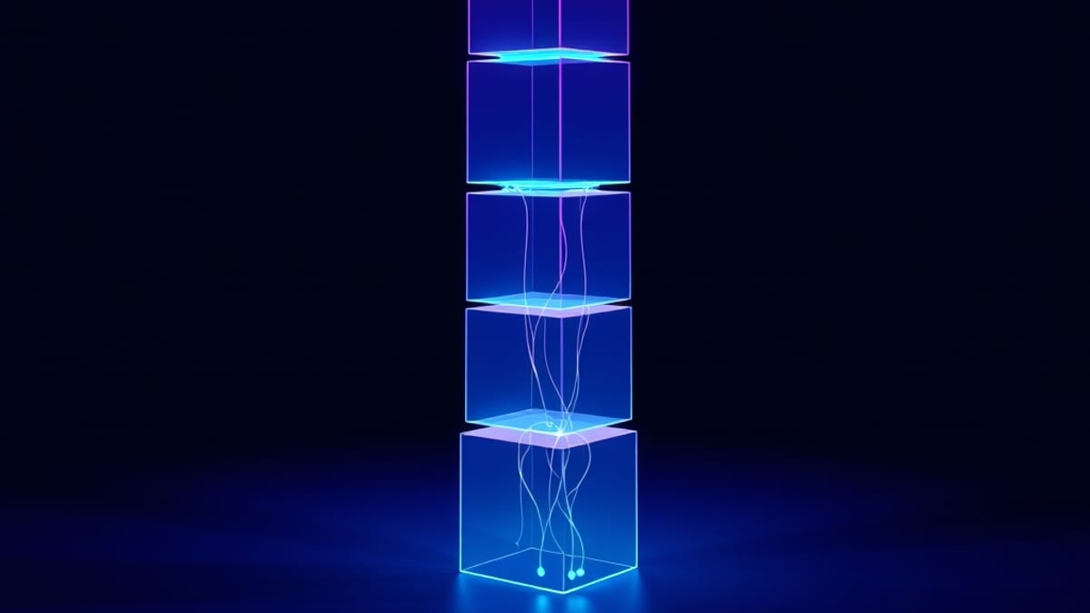 A ladder of translucent glass blocks where only the lower blocks are joined by glowing threads while upper blocks float apart