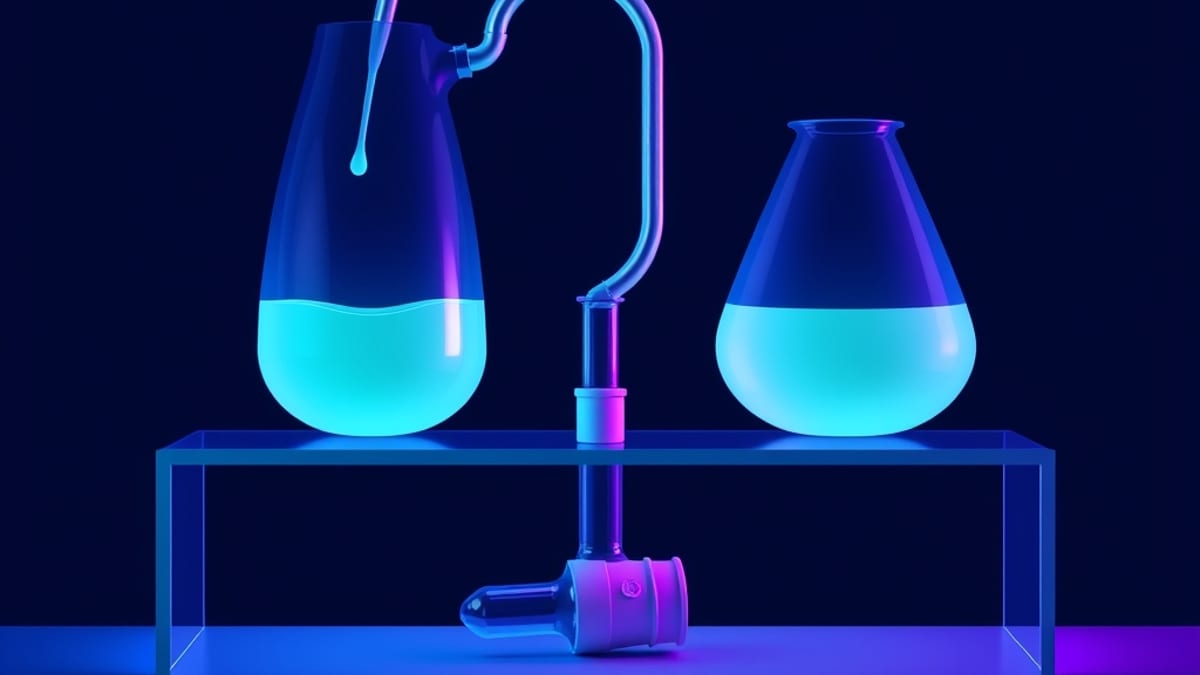 Two glass vessels connected by a curved tube sharing liquid, while a third separate vessel's tube sits capped and unused.