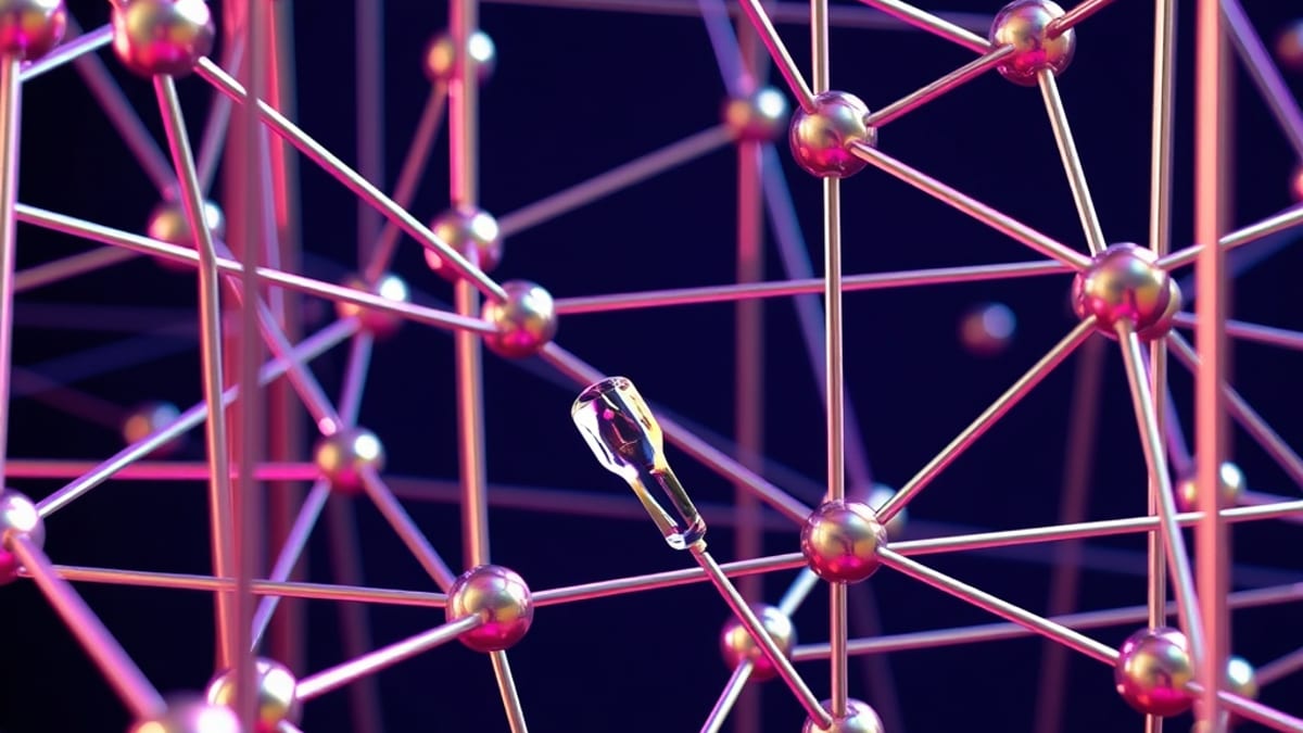 A rod framework whose welded joints hold firm while one brittle glass pin has cracked and lets nearby rods sag.