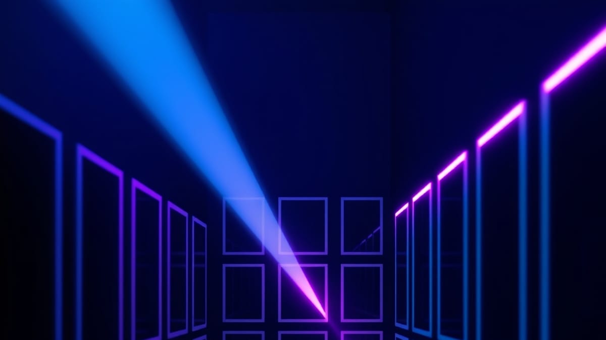 A beam of light narrowing onto one sharp frame among many blurred dark frames on a wall.