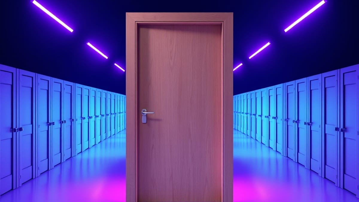 An open plain door in a bright hallway, with many identical closed doors receding behind it.