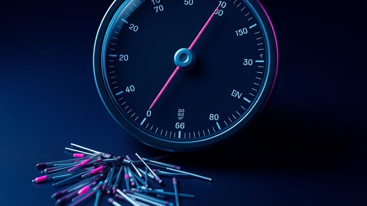 A precision dial with one needle set in a groove, other loose needles lying discarded nearby.